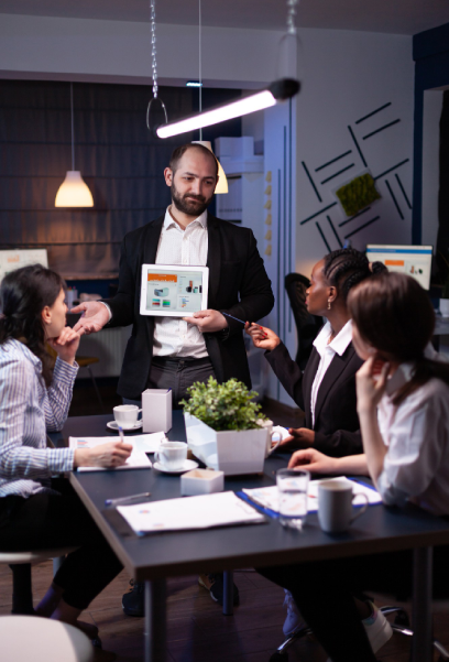 Business entrepreneur man presenting company statistics using tablet for financial presentation